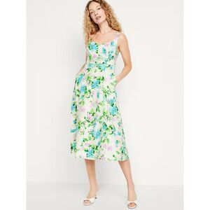 Old Navy Fit and Flare Floral Linen Blend Midi Dress with Pockets